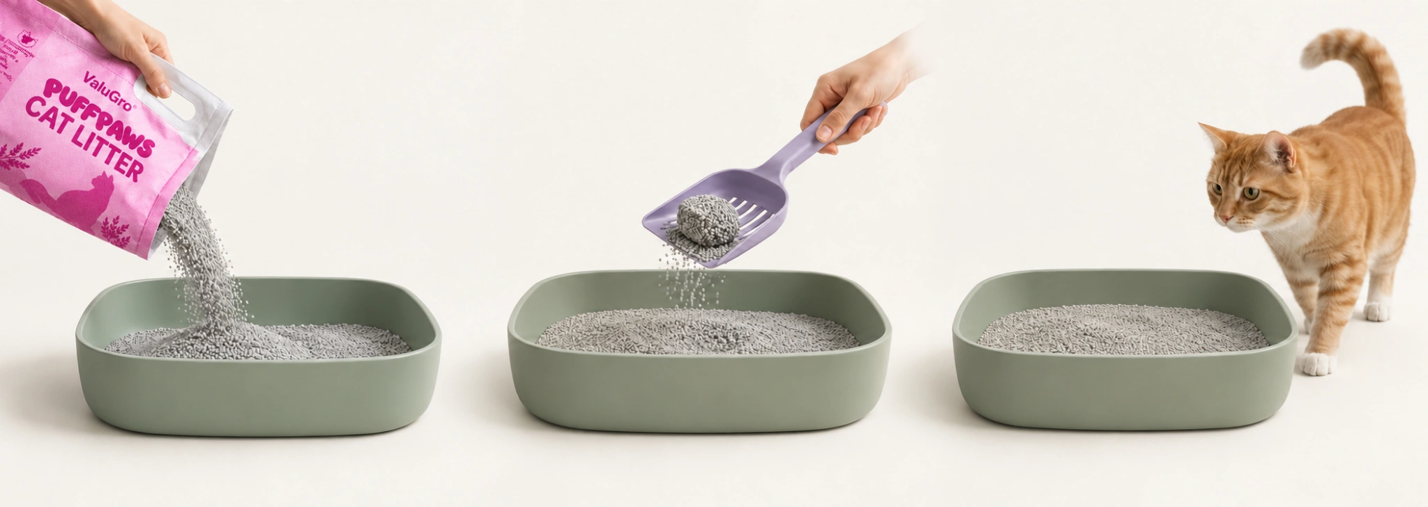 Litter being poured into a clean tray.